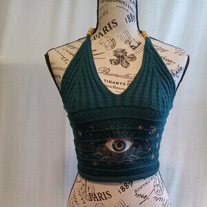 Absolutely gorgeous dark turquoise knit crop top, hippie pattern with lace